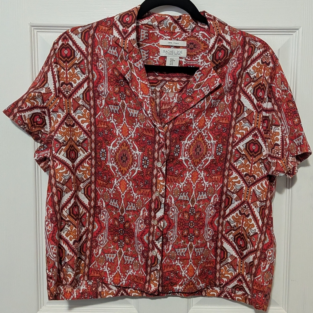 Rachel Zoe Linen Button Up Shirt Women's Orange Red White EUC Sz Med